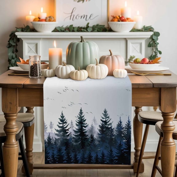 Dark Blue Forest Cotton Linen Table Runner, Washable Table Runners for Kitchen, Dining Room, Holiday, Home Party Table Decor, 13x48 Inches