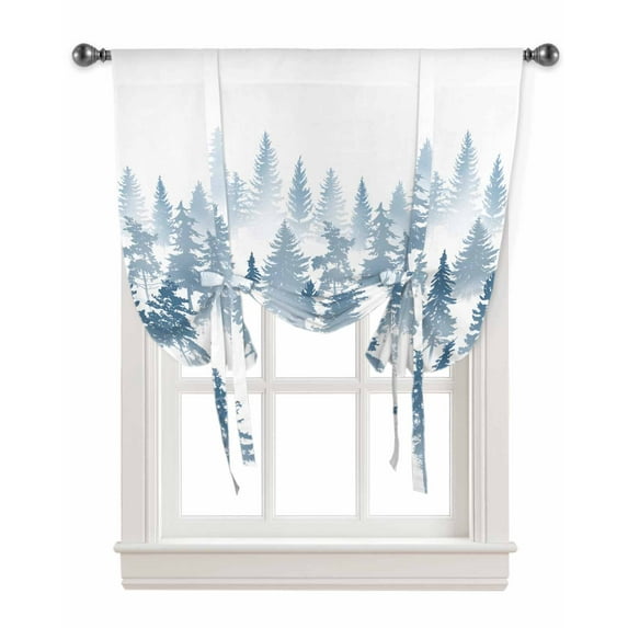 Dark Blue Forest Tie Up Curtains for Kitchen Bathroom Bedroom Windows 45 Inch Length, Modern Abstract Silhouette Art Balloon Drape Curtains Shade Rod Pocket Drapery Curtain Panel, 42"x45"