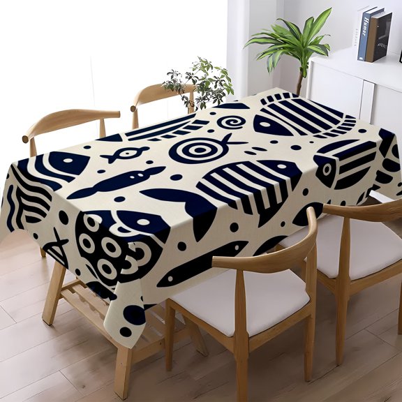 Dark Blue Geometric Abstract Fish Print Tablecloth, Kitchen Dining Party Decor, Modern Nautical Table Cover, Thanksgiving Christmas Gift