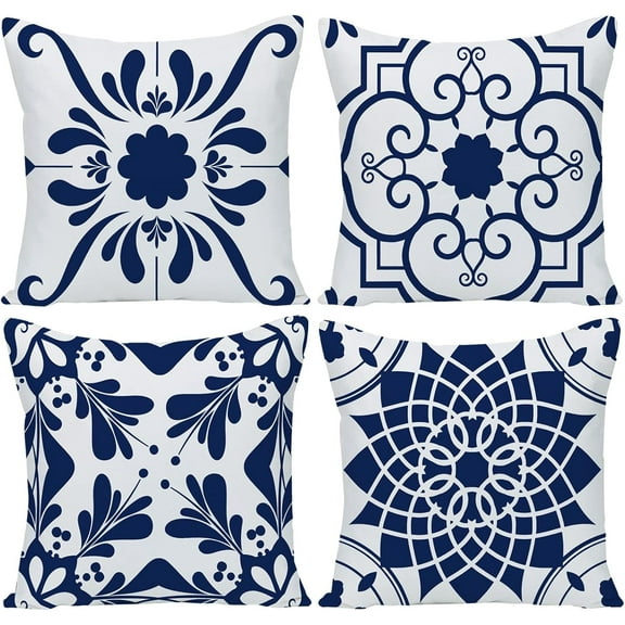 Dark Blue Geometric Flower Decorative Throw Pillow Covers 18 x 18 Inch, Set of 4 Abstract Couch Pillows for Living Room Square Pillow Cases Patio Sofa Home Decor