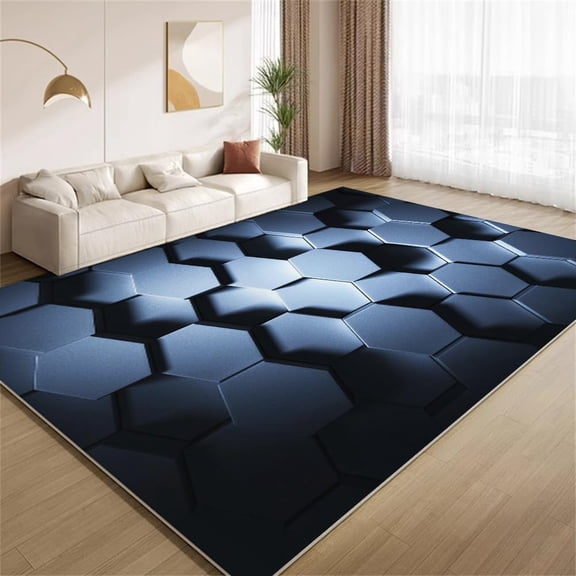 Dark Blue Geometric Hexagon Area Rugs Modern Stereoscopic Honeycomb Pattern Print Rugs Non Slip Easy Clean Washable Carpets for Living Room Bedroom Office Hallway Entryway 2x3ft(Small)