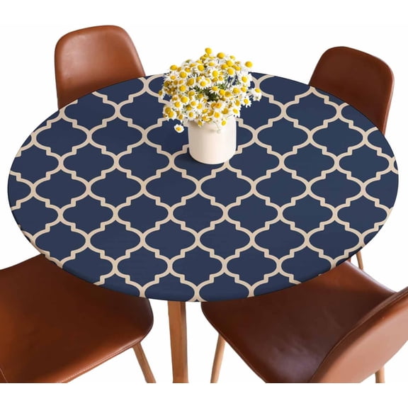 Dark Blue Geometric Round Fitted Tablecloth Moroccan Simple Pattern Elastic Edge Tablecloth Waterproof Oilcloth Table Cover for 40"-44"