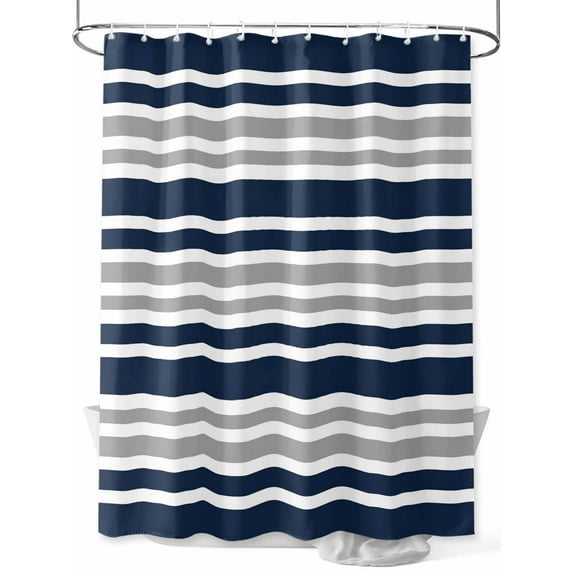 Dark Blue Geometric Striped Shower Curtain, Navy Blue Gray White Bathroom Decor Curtains Set with Hooks, Waterproof Fabric Home Accessories, 72 X 72 Inch Long