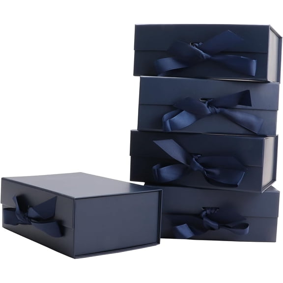 Dark Blue Gift Boxes 8.7*W6.5*H3.5inch with Ribbon Foldable Magnetic Gift Boxes Set of 5 Glossy Finish Magnetic Box for Luxury Presentations and Groomsmen Proposal