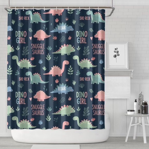 Dark Blue Girl Themed Dinosaurs Pattern Shower Curtain 72"x84" ,Bathroom Decorative Shower Curtains Set with 12 Hooks,Modern Waterproof Washable Shower Curtain