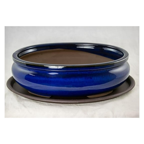 Dark Blue Glazed Oval Cactus Pot with Tray & Mesh - 12" x 8.5" - Indoor/Outdoor Plant Container