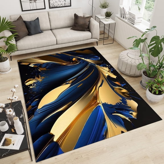 Dark Blue Gold Abstract Leaf Area Rug, Modern Minimalist Classic Art Style Large Indoor Rug With Non-Slip Backing Plush Living Room Rug For Restaurant Hotel Game Room 5x7ft