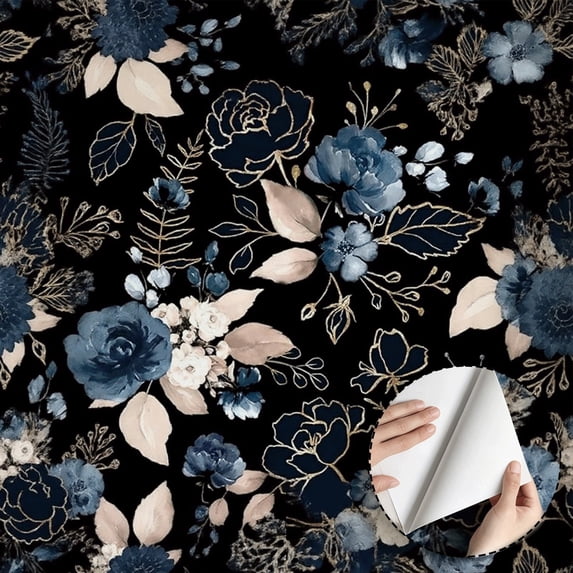 Dark Blue Gold Floral Wallpaper, Vintage Modern Aesthetic, Self adhesive and removable, waterproof Wall Decoration for Living Room, Bedroom, Kitchen Cabinet, Shelf, 17.7 * 118 in