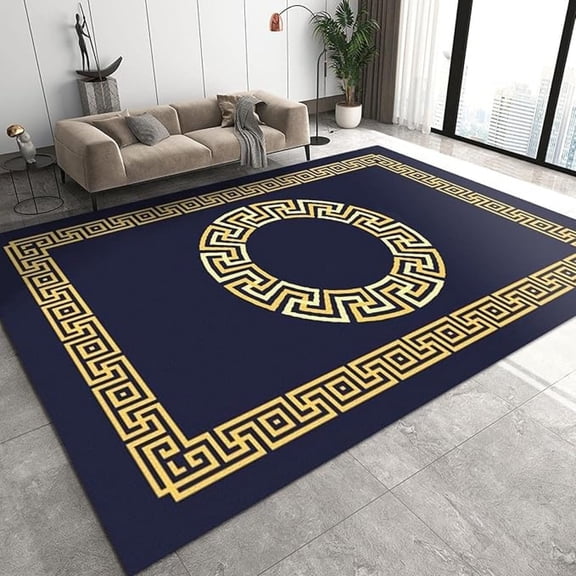 Dark Blue Gold Greek Key Pattern Area Rugs, Bohemia Print Large Rug, Indoor Non-Slip Kids Rugs, Machine Washable Breathable Durable Carpet For Front Entrance Floor Decor 1x2ft