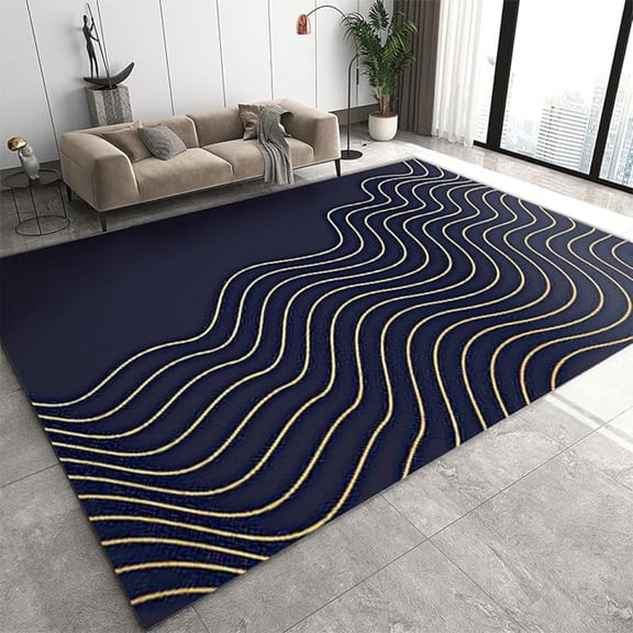 Dark Blue Gold Wavy Lines Area Rug, Gold Stripes Art Soft Washable Carpet, Upholstery Rug With Non-Slip Backing For Kids Boys Girls Bedroom Living Room Dining Room Study 5x6ft