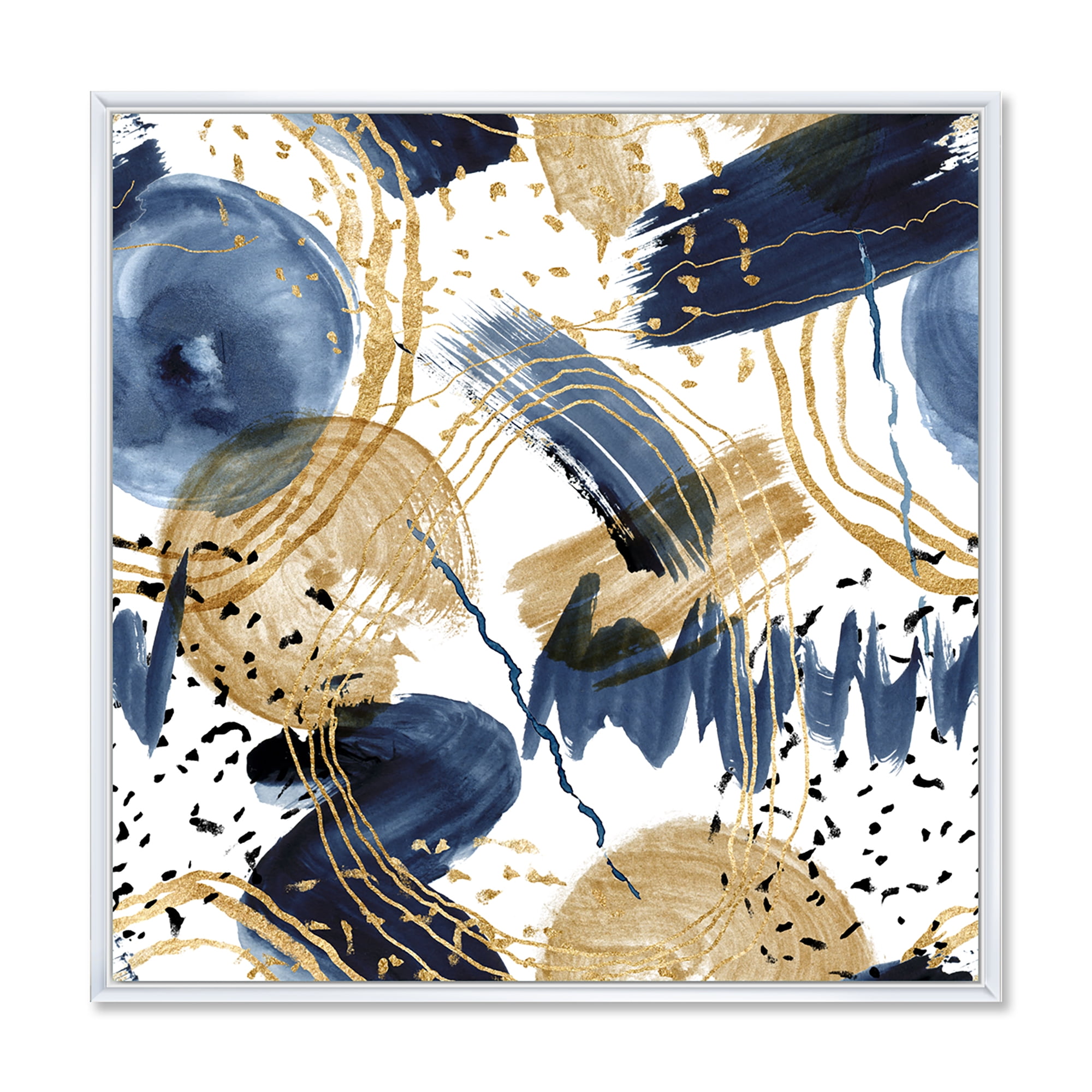 Dark Blue & Golden Textures With Abstract Pattern 16 in x 16 in Framed Painting Canvas Art Print, by Designart