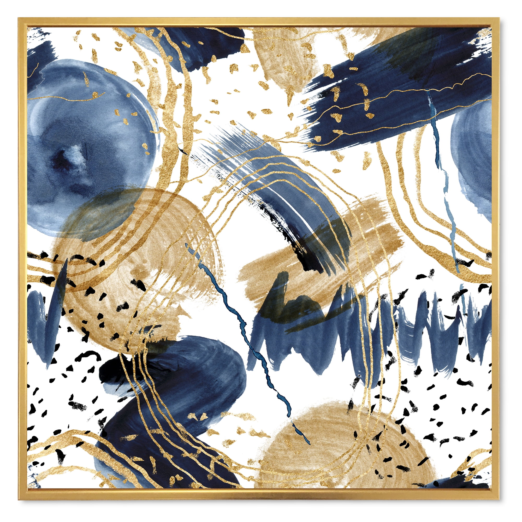 Dark Blue & Golden Textures With Abstract Pattern 30 in x 30 in Framed Painting Canvas Art Print, by Designart