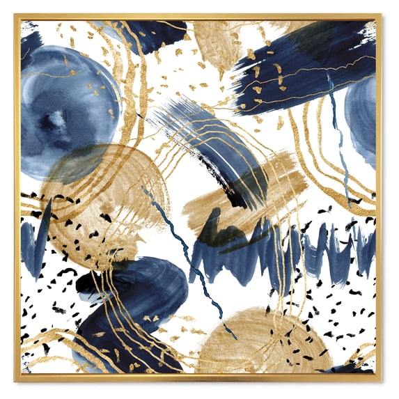 Dark Blue & Golden Textures With Abstract Pattern 30 in x 30 in Framed Painting Canvas Art Print, by Designart