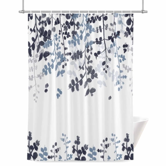 Dark Blue Gradient Leaf Shower Curtain, Rustic Eucalyptus Leaves Farm Plants Waterproof Shower Curtain Set with 12 Hooks Lightweight Bath Curtains Fabric Bathroom Decor 36x72 Inches