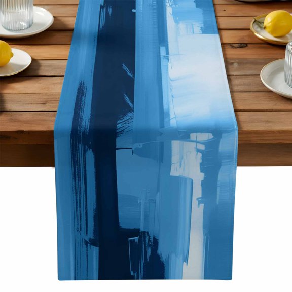 Dark Blue Graffiti Table Runner, Abstract Ombre Distressed Painting Texture Washable Kitchen Table Runners Dress Scarves for Dining Table Decorations Party, 13x36in
