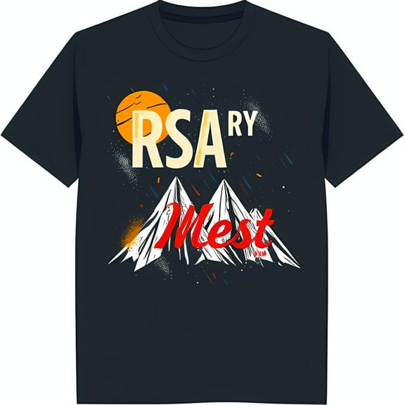 Dark Blue Graphic T-Shirt with Bright Sun Mountain Design & Starry Sky 'RSAry' & 'Mest' Text