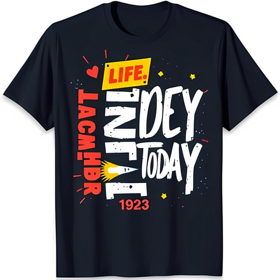 Dark Blue Graphic T-Shirt with 'LIFE INFL DEY TODAY 1923' in Graffiti Style Heart Design