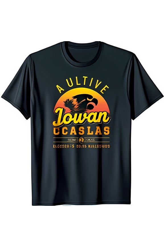 Dark Blue Graphic T-Shirt with Sunset Tree and Vintage Text Design