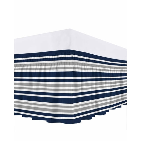 Dark Blue Gray Bed Skirt Cal King Size, Horizontal Stripe Minimalist Geometric Wrap Around Bed Skirting with Adjustable Elastic Strap, Dust Ruffled Pleated Bedskirts 18 Inch Drop for Bedroom Beds