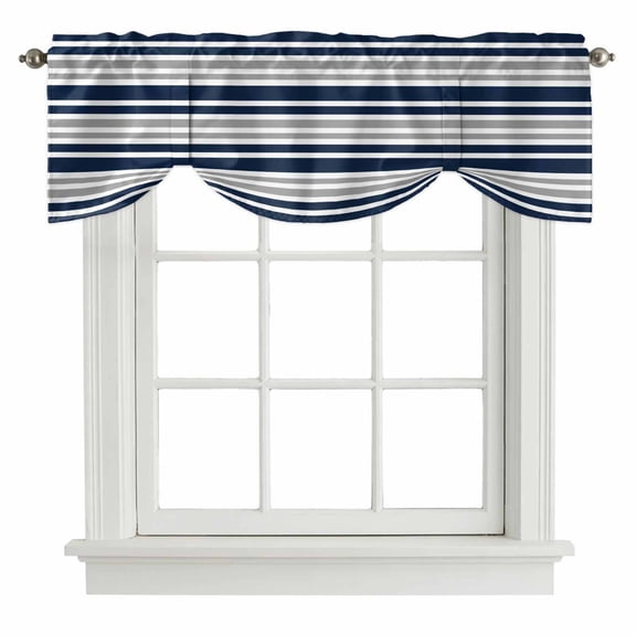 Dark Blue Gray Tie Up Valance Curtains for Windows, Kitchen Curtains Window Treatments, Horizontal Stripe Minimalist Geometric Short Window Shades Valances for Bedroom Bathroom Cafe 42"x18"