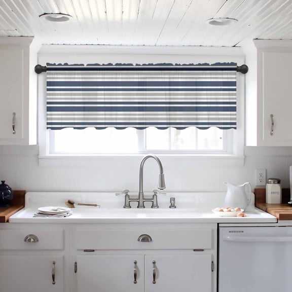 Dark Blue Gray Valance Curtains for Kitchen/Living Room/Bathroom/Bedroom Window, Horizontal Stripe Minimalist Geometric Rod Pocket Small Topper Half Short Window Curtains Voile Sheer Scarf 42"x12"