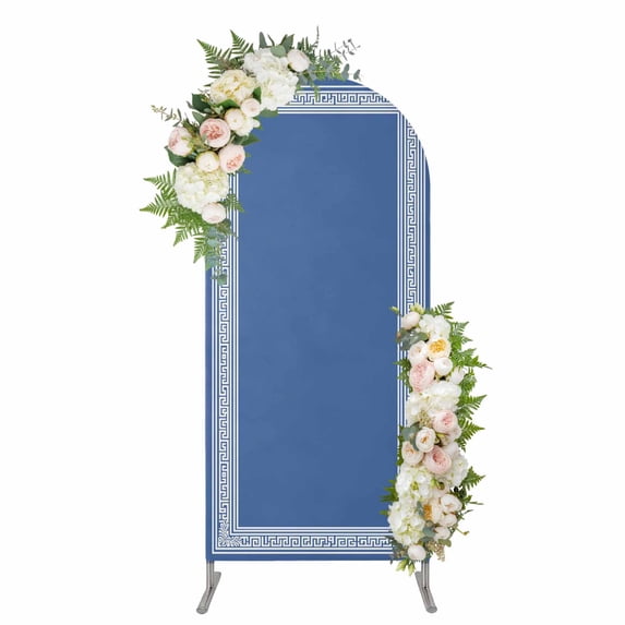 Dark Blue Greek Key Arch Backdrop Cover, Spandex Fitted Wedding Arch Cover, Geometric Greece Ancient Farmhouse Geo Round Top Stand Covers for Birthday Ceremony Bridal Shower Party Decor 4x1.65 Ft