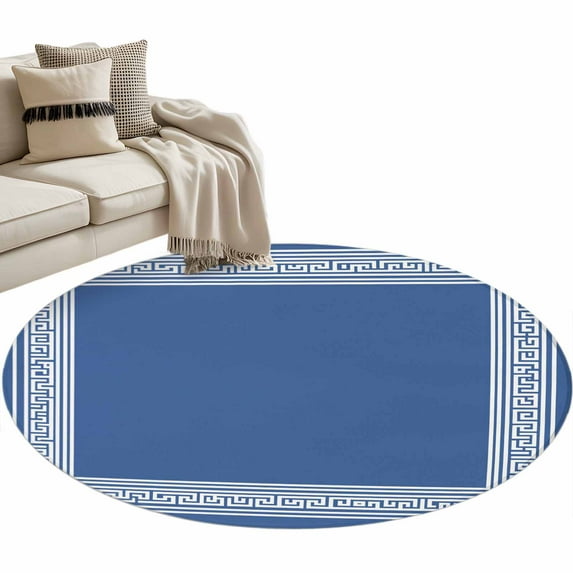 Dark Blue Greek Key Large Area Rugs for Bedroom Living Room, Soft Non Slip Carpet Bedside Rug, Geometric Greece Ancient Farmhouse Geo Round Floor Cover Kitchen Accent Rug 3.3' for Dining Room/Office