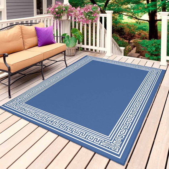 Dark Blue Greek Key Outdoor Rug for Patio/Deck/Porch, Non-Slip Large Area Rug 3 x 5 Ft, Geometric Greece Ancient Farmhouse Geo Indoor Outdoor Rugs Washable Area Rugs, Camping Rug Carpet Runner