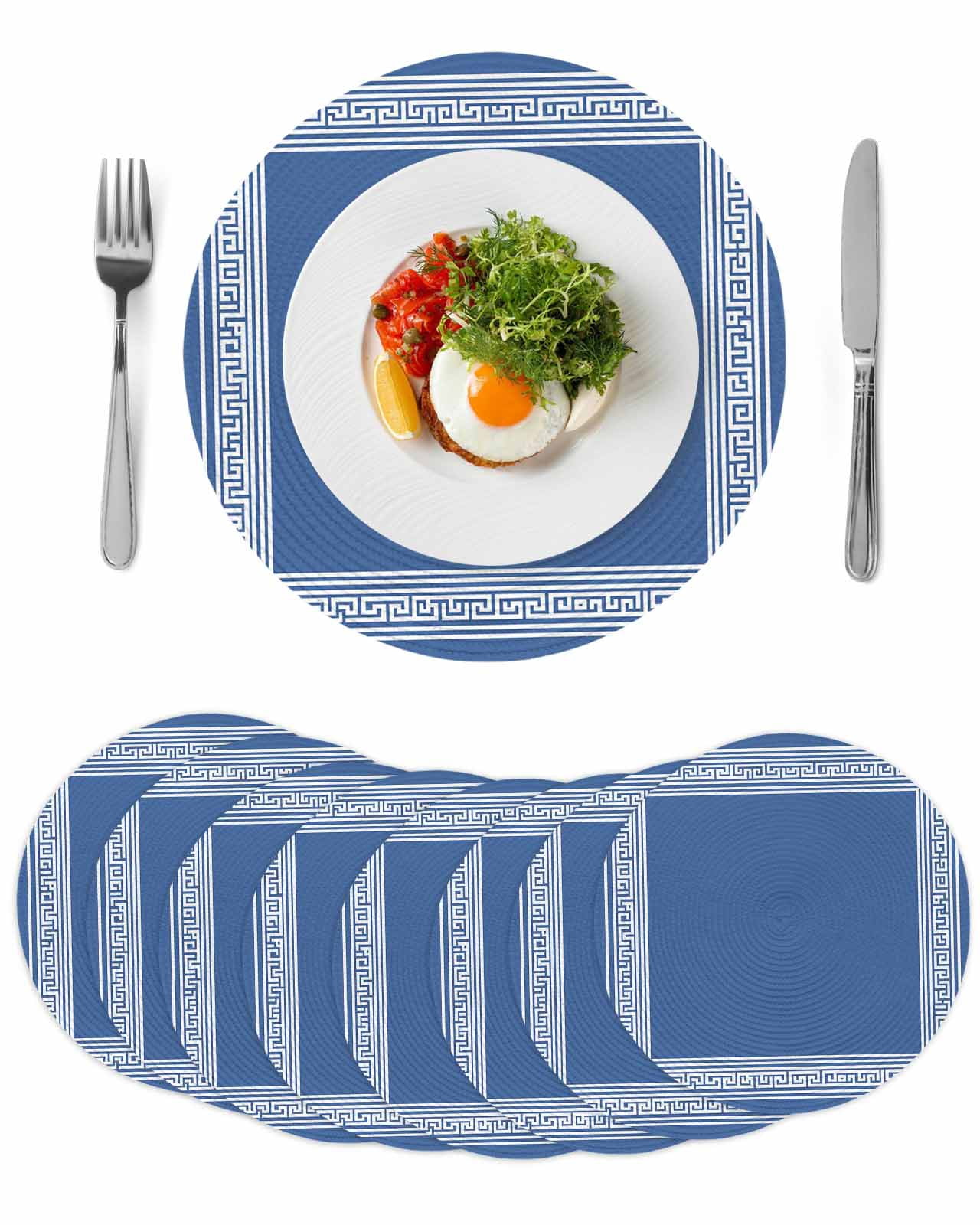 Dark Blue Greek Key Round 13 Inch Placemats Set of 8, Geometric Greece ...