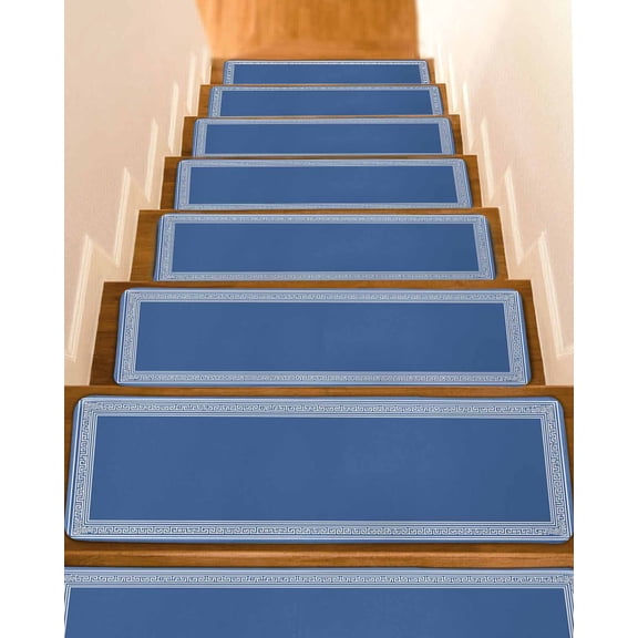 Dark Blue Greek Key Stair Treads for Wooden Steps Indoor Runner Rug Carpet,Geometric Greece Ancient Farmhouse Geo 4 Pieces Peel and Stick Staircase Step Treads Covers Washable Throw Door Mats,30"x8"