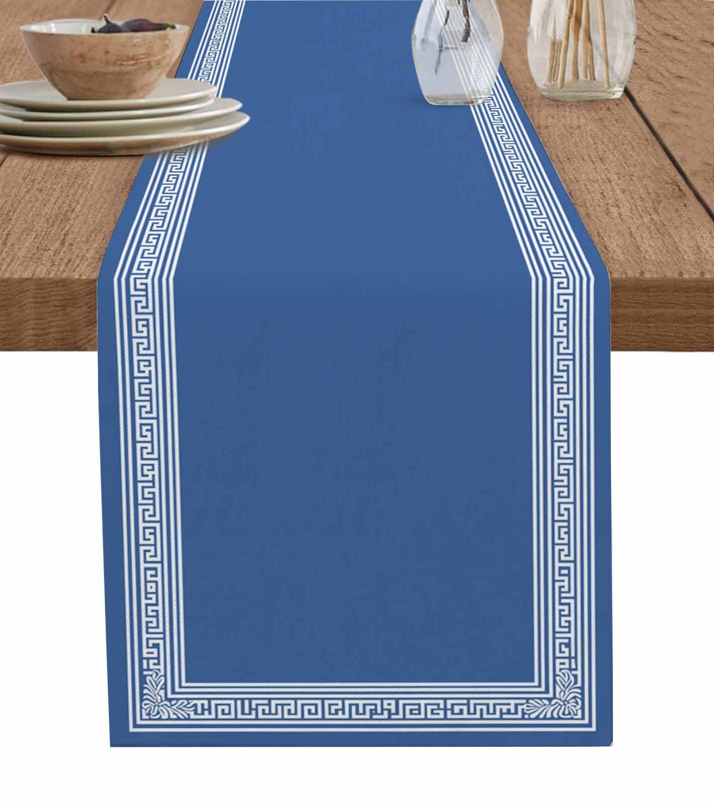 Dark Blue Greek Key Table Runner 72 Inches, Geometric Greece Ancient Farmhouse Geo Bed Runner Dresser Scarves Tabletop for Indoor Outdoor Parties/Ceremony/Banquet, 16" x 72"