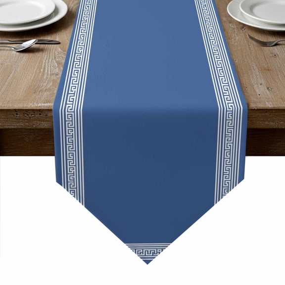 Dark Blue Greek Key Table Runner Linen Burlap Table Runner 36 Inches Small Geometric Greece Ancient Farmhouse Geo Dresser Scarves for Kitchen Island Coffee Dining Room Party Holiday Decor 13"x36"