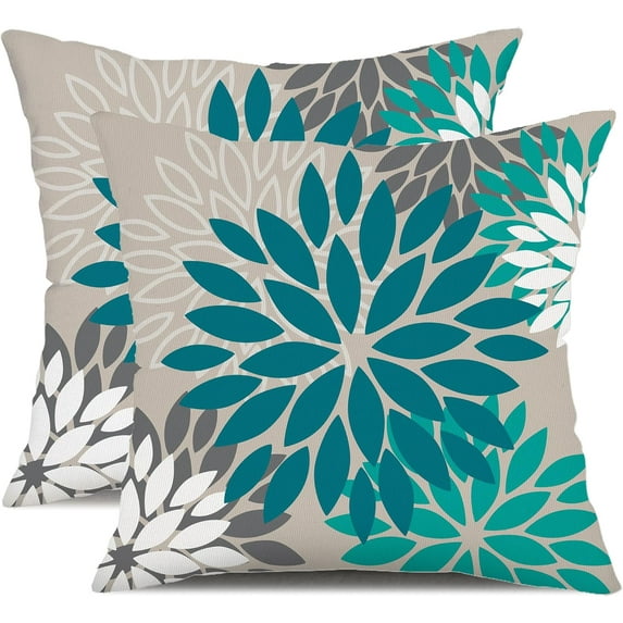 Dark Blue Green Outdoor Pillow Covers 16X16 Inch Set of 2 Spring Teal Flower Pillow Case Outdoor Waterproof Decor for Patio Funiture Garden Polyester pillow covers 002D