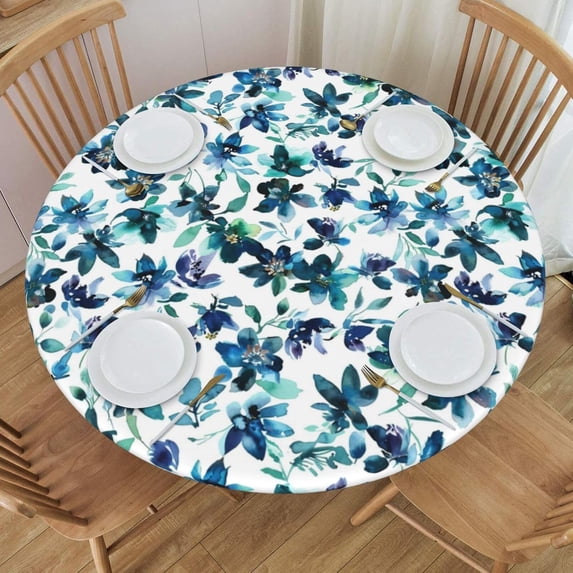 Dark Blue and Green Watercolor Floral Round Tablecloth Farmhouse Table Cover with Elastic Edge Washable Fitted Table Cloth for Kitchen Patry Outdoor Decor Fits 40"-44", Small