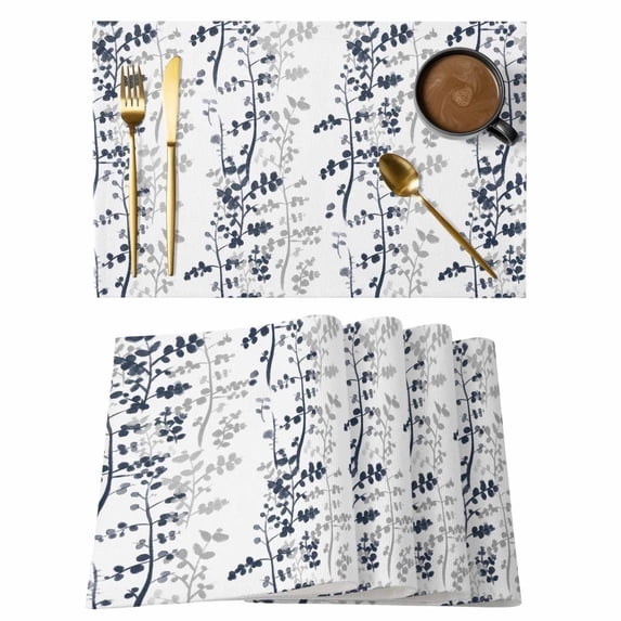 Dark Blue Grey Botanical Placemats Set of 6, Spring Floral Summer Farmhouse Placemats for Dining Table, Place Mats for Kitchen Tabletop, Waterproof Wipeable Dining Table Mats Set
