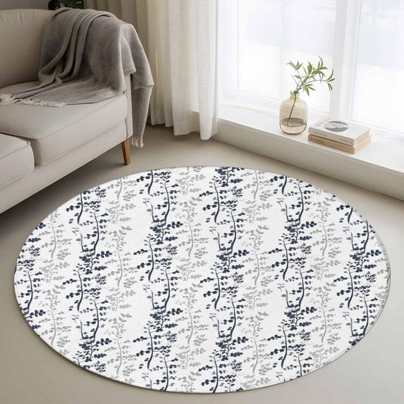 Dark Blue Grey Botanical Round Rug 4ft Washable Circle Entryway Rugs Non Slip Spring Floral Summer Farmhouse Area Rug Indoor Floor Carpet for Bedroom Kitchen Living Room Home Office Dining Room