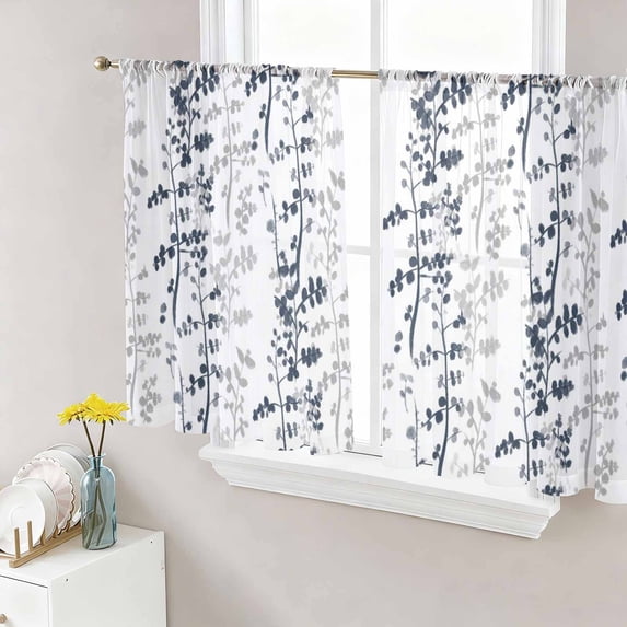 Dark Blue Grey Botanical Sheer Curtains 45 Inch Length 2 Panels Set, Spring Floral Summer Farmhouse Voile Window Treatment Rod Pocket Small Kitchen Curtains Drapes for Bedroom 52"x45"x2
