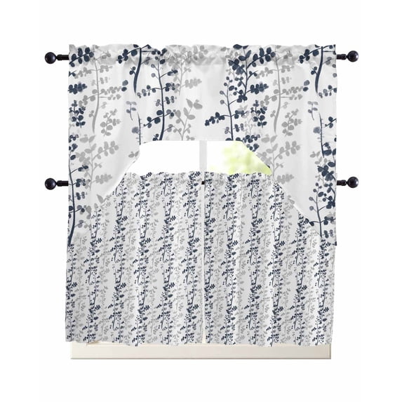 Dark Blue Grey Botanical Swag Curtains for Living Room/Bedroom Windows, Spring Floral Summer Farmhouse Kitchen Curtains and Valances Set 36 Inch Length, Light Filtering Swags Valance Curtain Panels