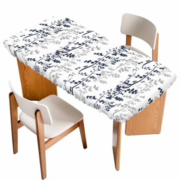 Dark Blue Grey Botanical Table Cloths for 5 Foot Rectangle Tables, Spring Floral Summer Farmhouse Patio Waterproof Elastic Fitted Tablecloths, Washable Rectangular Table Cover for Camping