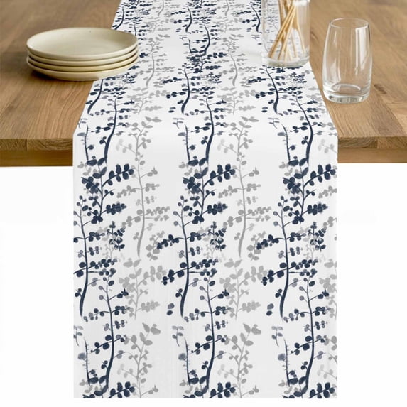Dark Blue Grey Botanical Table Runner - 90 Inch Long Spring Floral Summer Farmhouse Cotton and Linen Blended Dress Scarves Farmhouse Table Runner for Kitchen Dining, Coffee Table, 13" x 90"