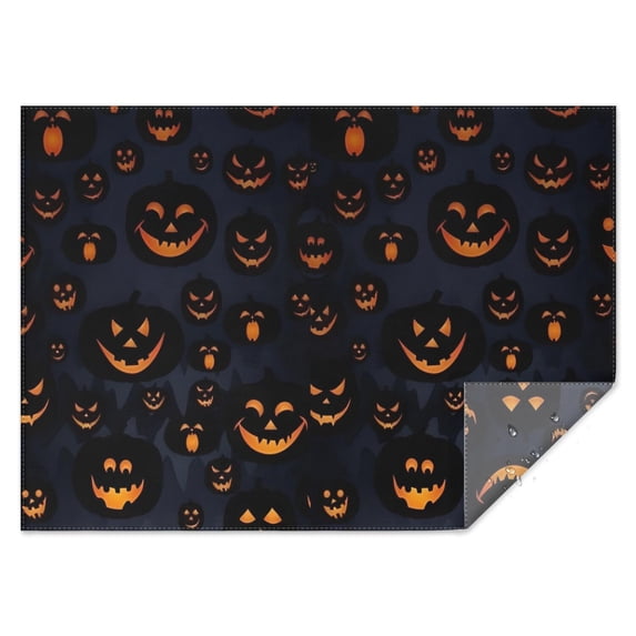 Dark Blue Halloween Pumpkin Faces Rectangle Tablecloth 60"x84",Waterproof Polyester Rectangle Table Cloth, Wipeable Spillproof Polyester Tablecloth for Dining, Camping, Indoor and Outdoor