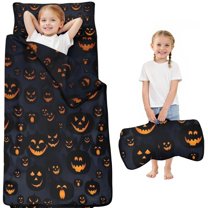 Dark Blue Halloween Pumpkin Faces Toddler Nap Mats for Kids Preschool,50"x20" Sleeping Mat Bag or Kids,Toddler Sleeping Bag,Toddler Nap Mat or Daycare
