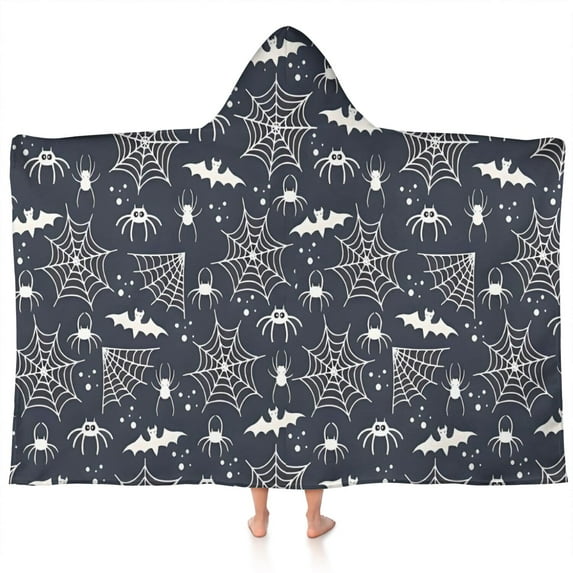 Dark Blue Halloween Spider Webs Bats and Spiders Hooded Bath Towel,60"x35" for Ages 3 To 12 Kids, Quick Dry Lightweight Soft Microfiber Hood Beach Towel Cover Up for Kids
