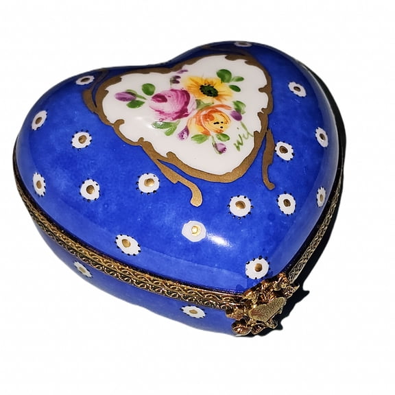 Dark Blue Poka Dot Flowers Heart Box | Limoges Boutique Limoges Box Porcelain Figurine