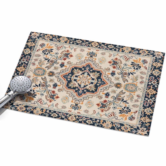 Dark Blue Khaki Dark Orange Area Rug, Flower Ethnic Middle East Non-Slip Felt Rubber Backing Rectangle Indoor Carpet Washable Rugs for Living Room Bedroom 2x3ft