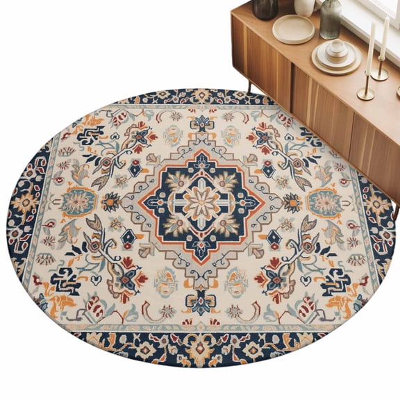 Dark Blue Khaki Dark Orange Area Rug, Flower Ethnic Middle East Non-Slip Felt Rubber Backing Round Indoor Carpet Washable Rugs for Living Room Bedroom 3ft