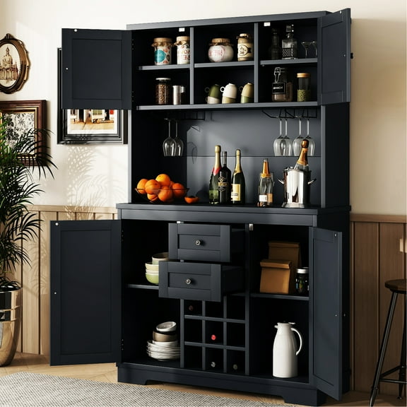 Dark Blue Kitchen Cabinet For Storage - Coffee Bar With Drawers And Shelves Buffet Antique Wine Drawers, Dining Room
