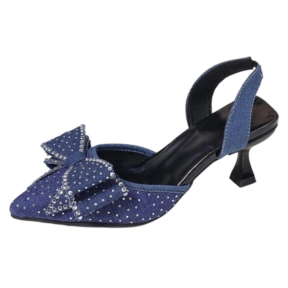 Dark Blue Ladies Closed Toe Sandals With Pointed Toe And High Heel Rhinestone Bow