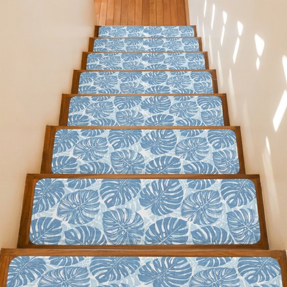 Dark Blue Leaf Stair Treads Non Slip for Steps Tropical Country Watercolor Jungle Botanical Leaves 4 Pcs Reusable Adhesive Stair Runner Mats for Dogs Elders Carpet Treads Rugs for Staircase 8x30 In