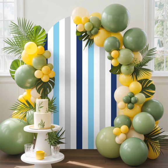 Dark Blue Light Blue Grey Stripes Arch Backdrop Cover, 4FT, Minimalist Vertical Striped Spandex Arch Covers Double-Sided Backdrop for Wedding Birthday Party Photo Background Decoration